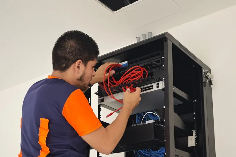 Técnico de Crimson instalando equipos en un rack